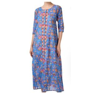 RO'S GARDEN Embroidered Blair Long Kurta Maxi Dress Blue XS NEW Floral Cotton